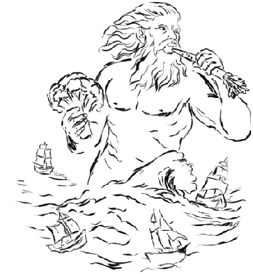 Ilustração: figura mitológica a comer legumes no mar