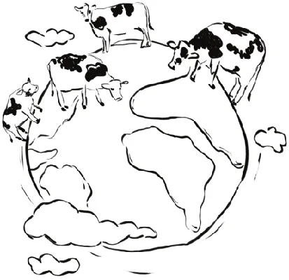 Ilustração: vacas a dominar o globo