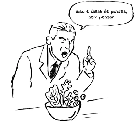 Ilustração: homem de fato indignado com uma saladeira